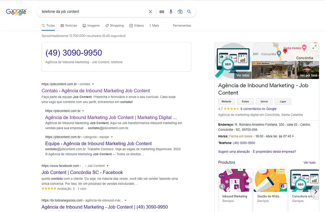 print de tela do Google mostrando o resultado para pesquisa "telefone da Job Content", exemplificando os diferentes tipos de resultados e como funciona o Google como buscador